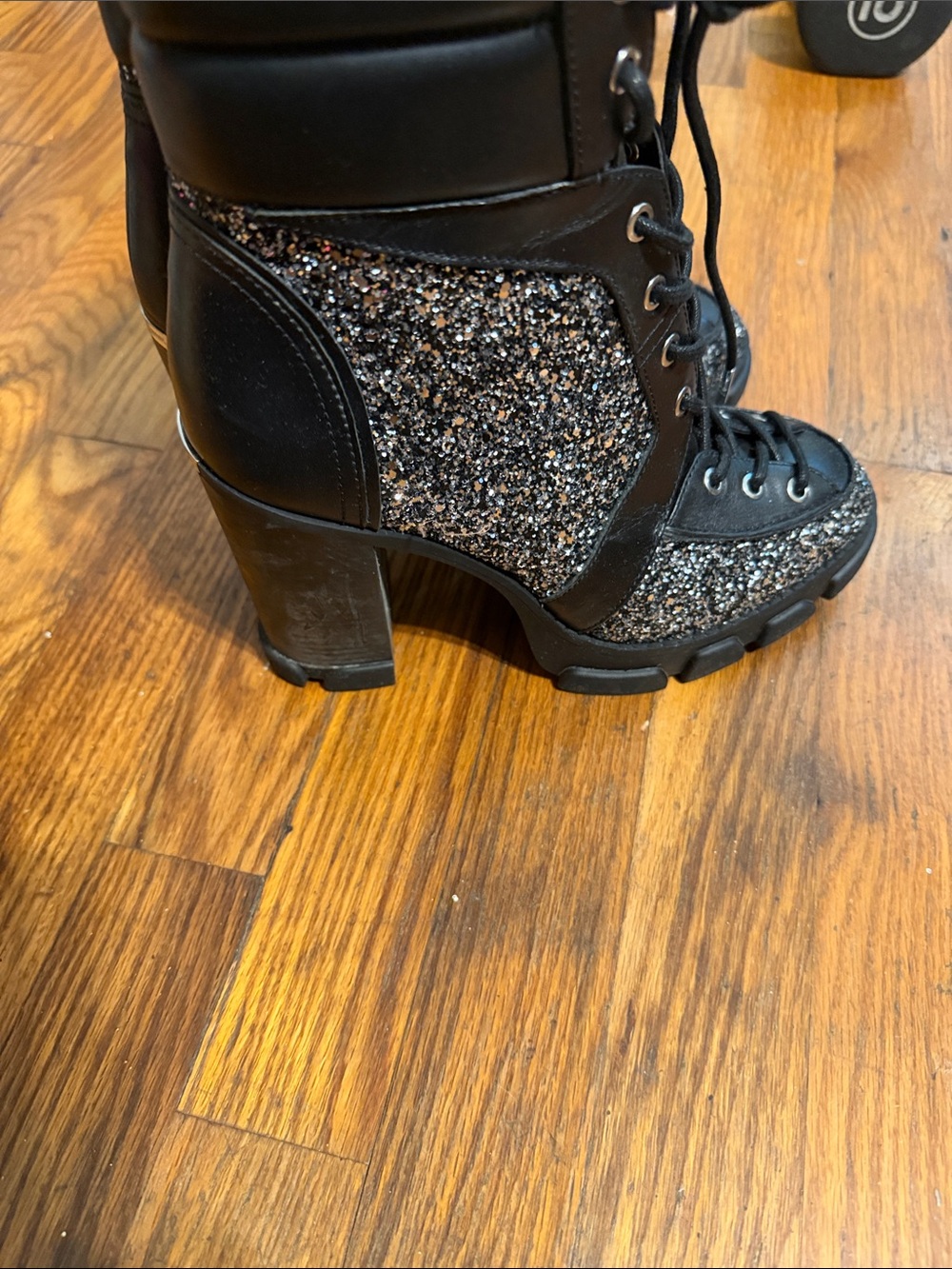 Michael Kors Black Glitter Lace-Up Combat Boots with Side Zipper - Picture 3 of 4